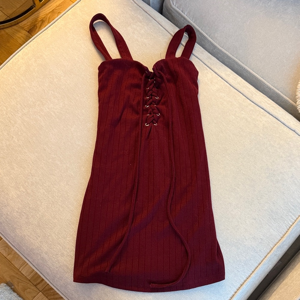 Privacy Please Burgundy Lace-Up Mini Dress